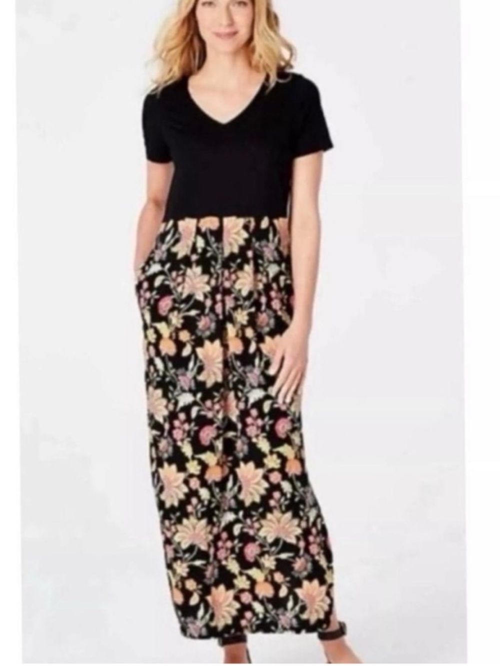 J. Jill floral Maxi Dress Side Slit boho flowy Colorblock size 2X cottagecore